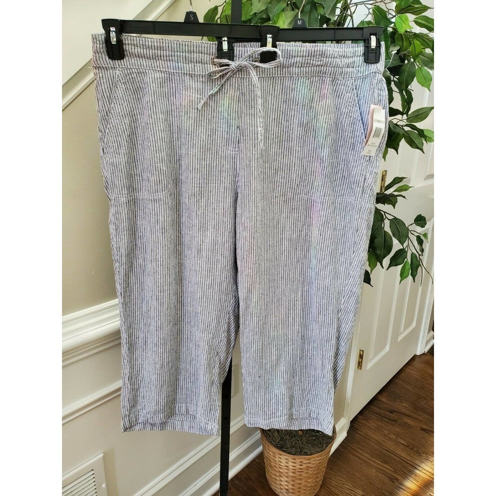 Per Se Women's Gray Striped Linen & Viscose Mid Rise‎ Straight Leg Dress Pant 1X